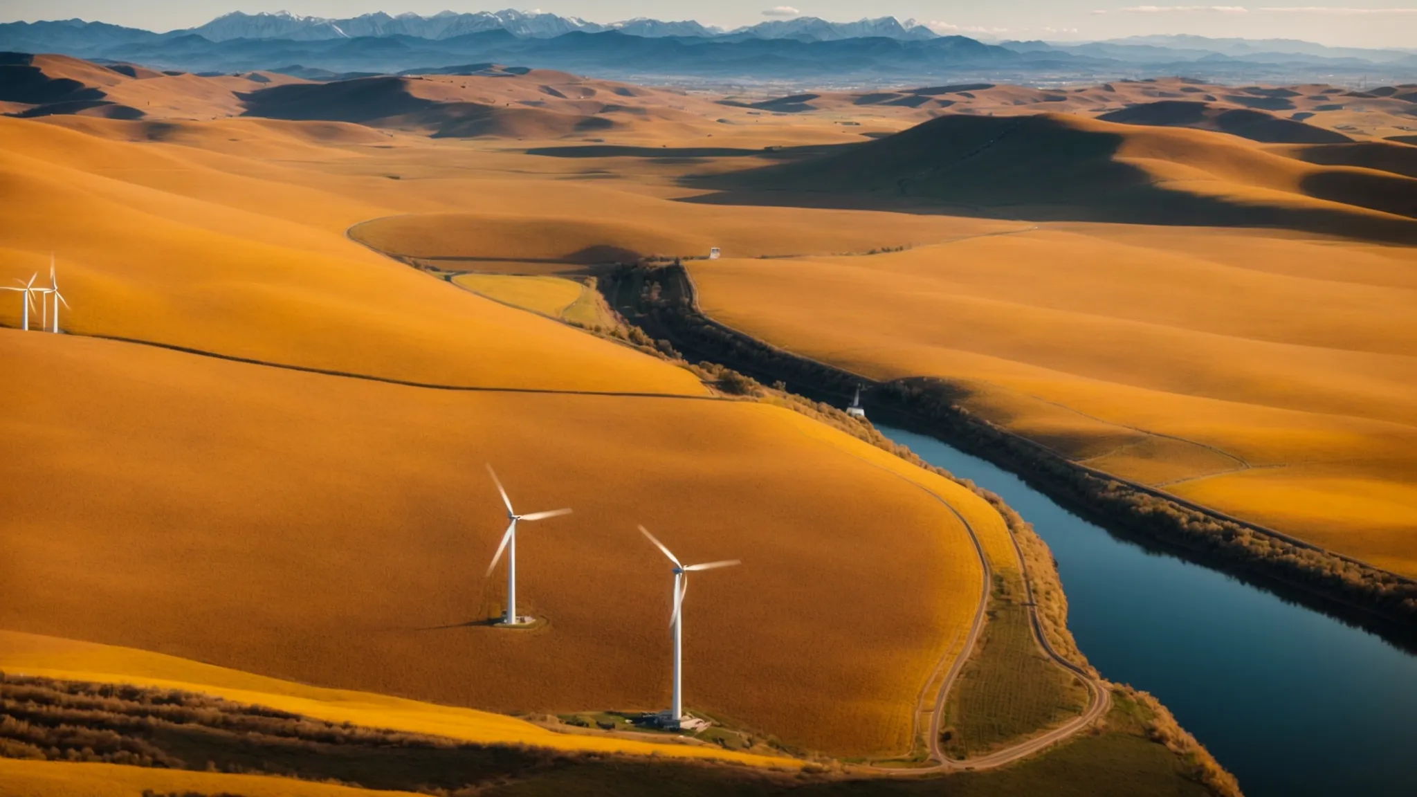a panoramic view of towering wind turbines amidst a golden field, with a backdrop of mountains under a clear blue sky.