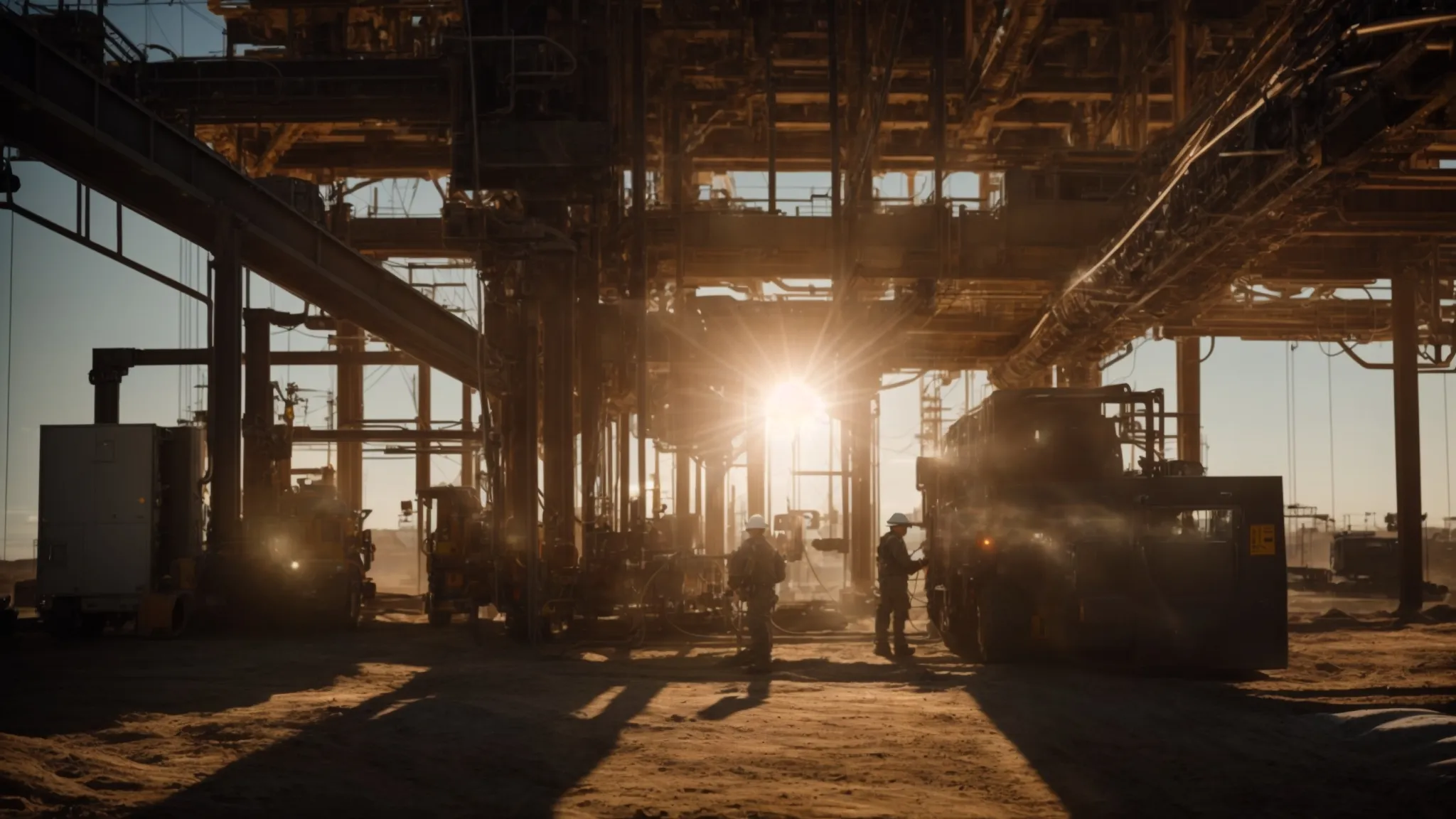 amidst the vast, rugged terrain of canada, industrial electricians are seen working intently on a colossal electrical structure, with the early morning sun casting long shadows over their workspace.