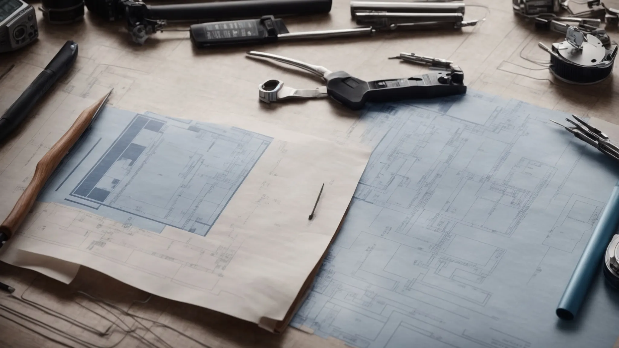 a blueprint spread out on a table with tools around, symbolizing the beginning of a journey in industrial electrical contracting.