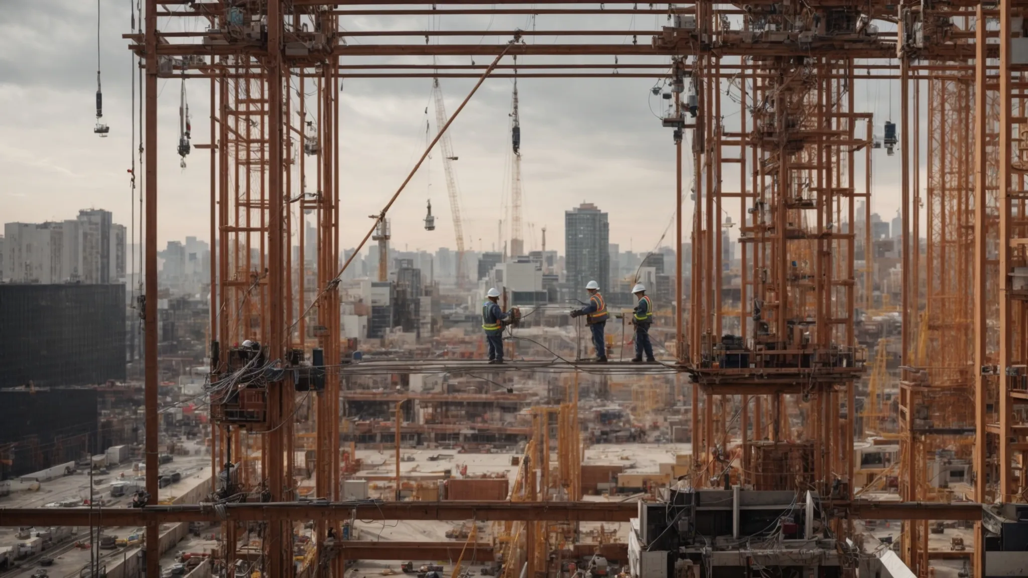 electricians work in unison wiring a large panel against the backdrop of a bustling construction site, surrounded by cranes and scaffolding under a clear sky.