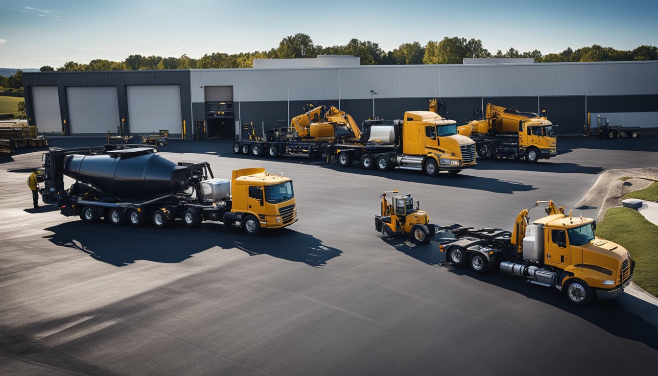 A crew pours fresh asphalt onto an industrial parking lot, with trucks and equipment scattered around the site