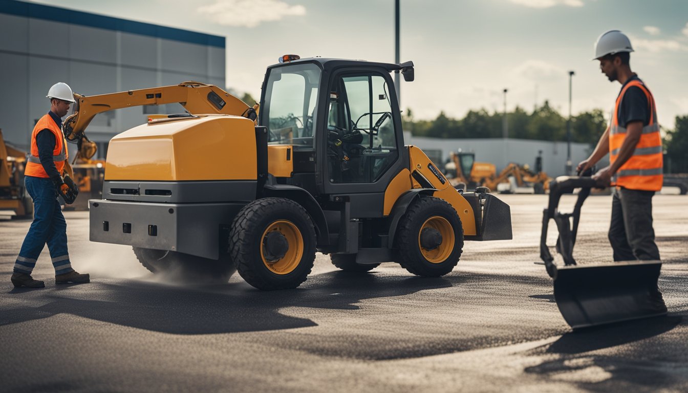 A team of workers resurfacing an industrial parking lot, using heavy machinery and equipment to evaluate and repair the condition of the pavement