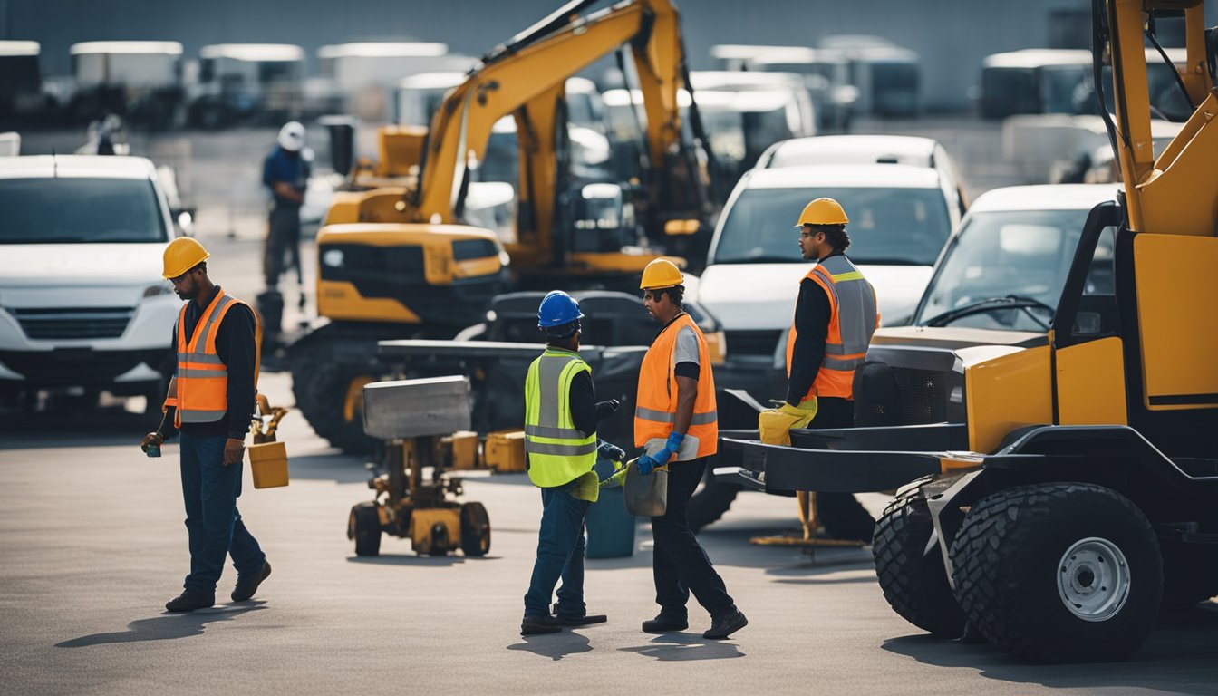 A crew of workers resurfaces an industrial parking lot, with heavy machinery and equipment scattered around the area