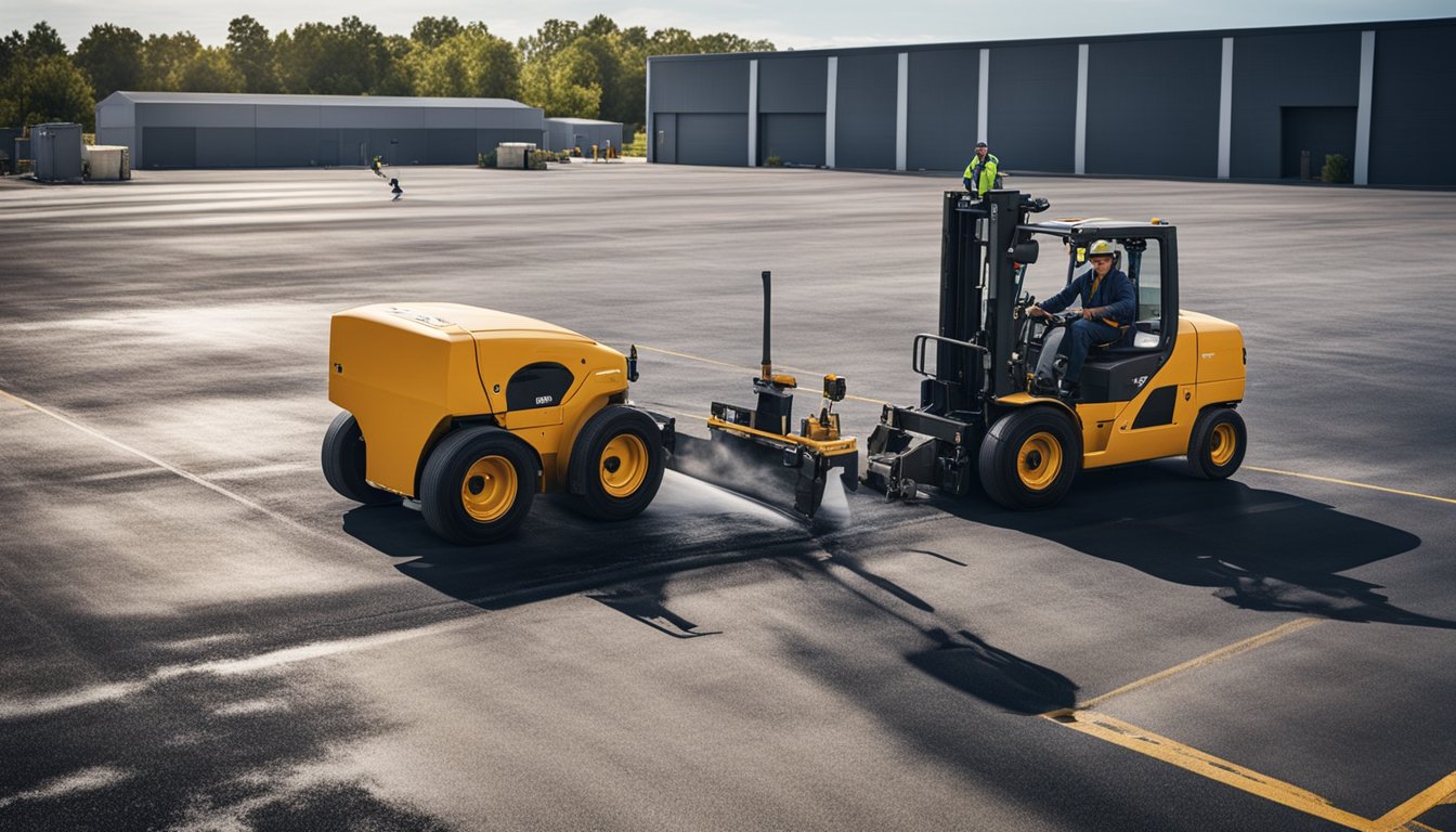 A crew resurfaces an industrial parking lot, smoothing out cracks and applying fresh asphalt under the bright sun. Machinery and workers are in motion, enhancing both the aesthetics and functionality of the space