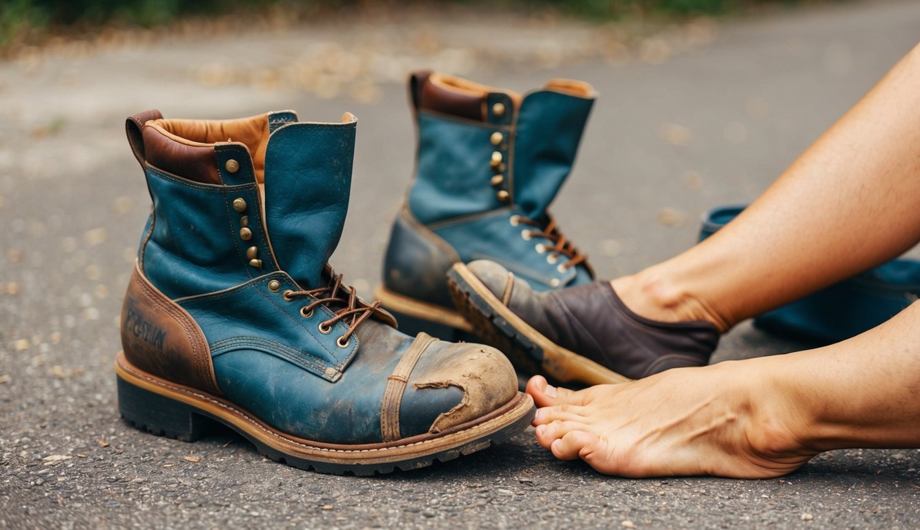 A pair of worn-out work boots lying next to a set of tired, achy feet. The boots show signs of wear and tear, while the feet appear swollen and blistered