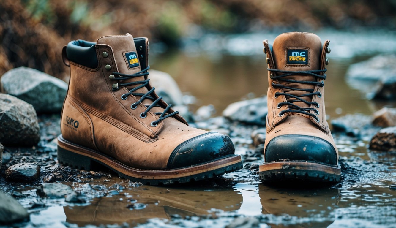A pair of worn-out work boots surrounded by various environmental elements such as rocks, mud, and water, with a focus on the wear and tear on the soles