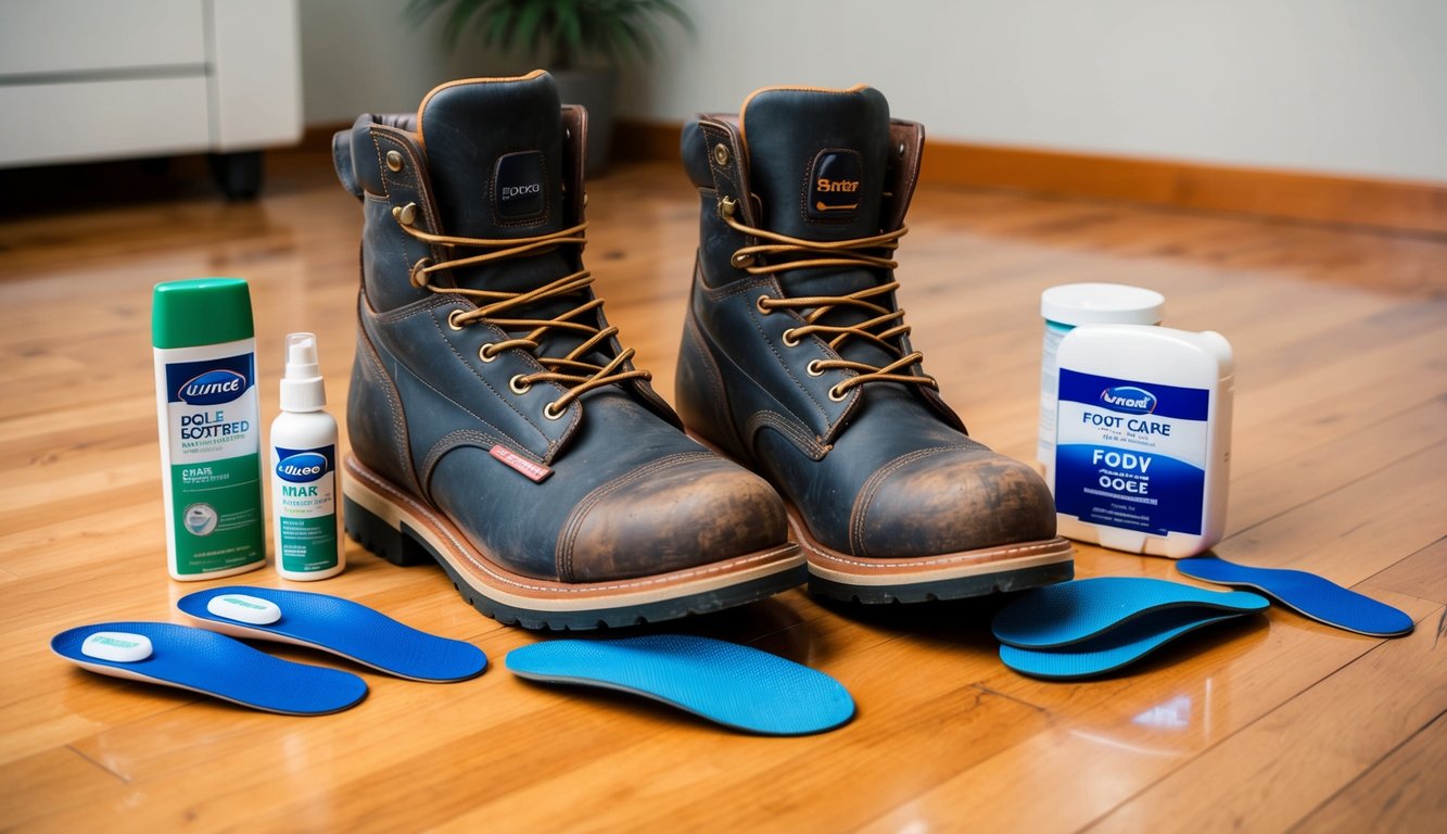 A pair of worn-out work boots surrounded by foot care products and orthotic inserts on a hardwood floor