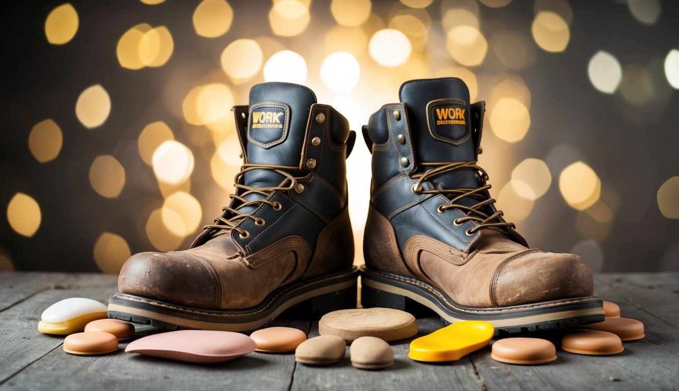 A pair of worn-out work boots surrounded by various foot-related discomforts such as blisters, calluses, and soreness