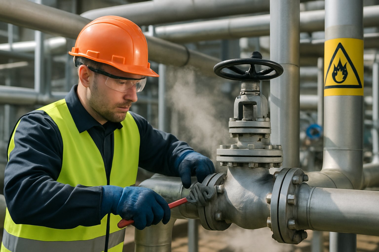 Technician wearing safety gear repairing industrial gas pipes in a factory setting.