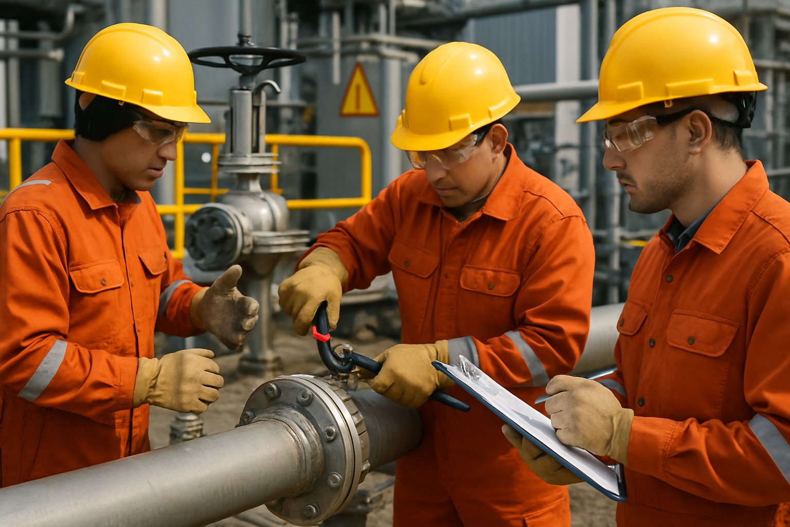 Workers wearing protective gear repairing industrial gas pipes in a safe and organized setting.