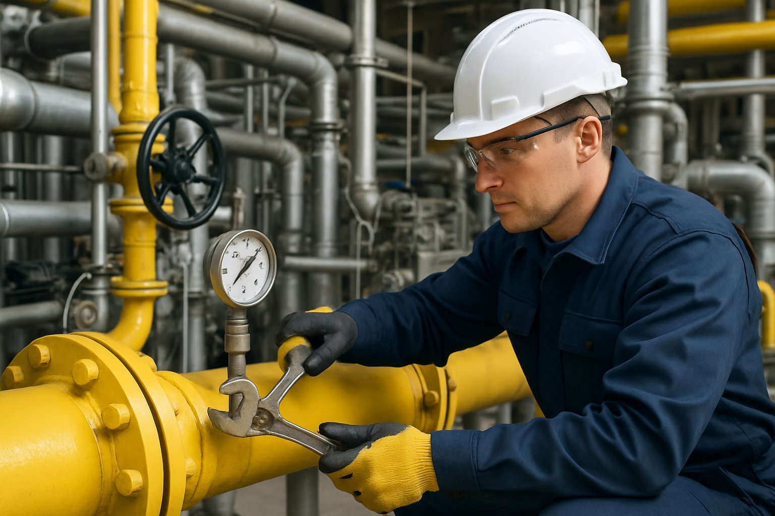 Technician wearing safety gear inspecting and repairing large industrial gas pipelines in a clean and organized facility.