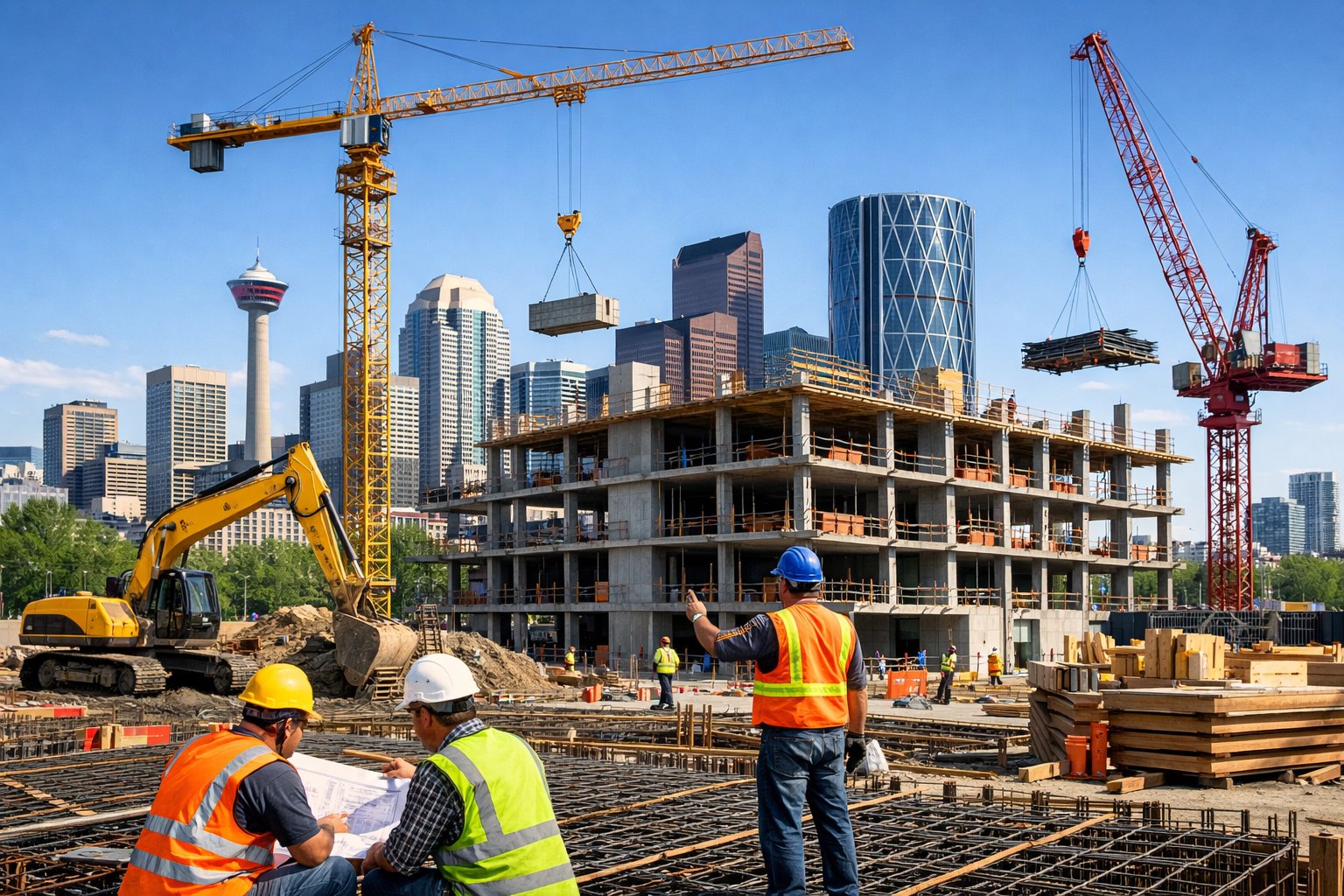 A commercial construction site in Calgary with workers and machinery building a multi-story structure, with the city skyline in the background.