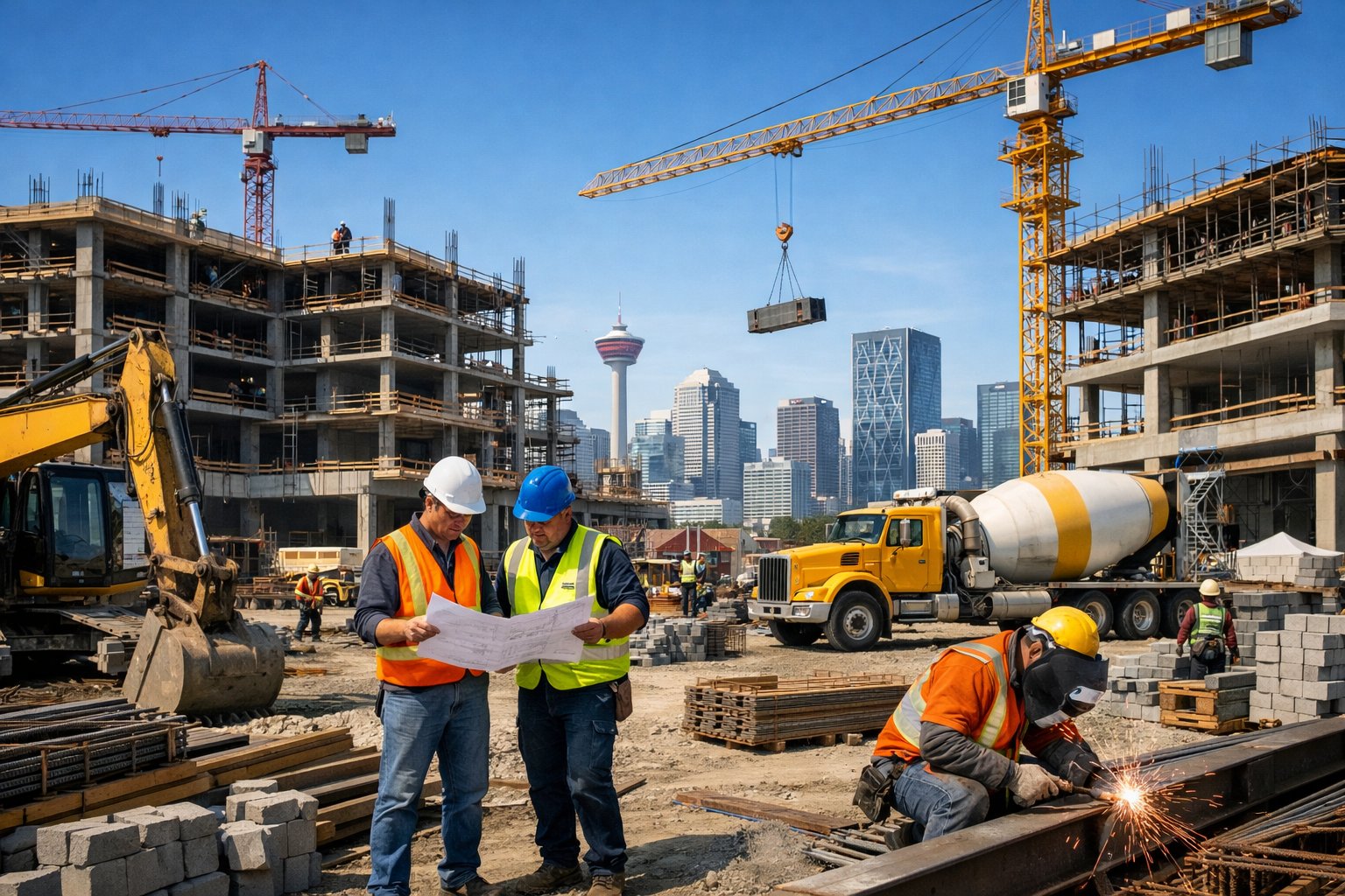 Construction workers and machinery at a commercial building site in Calgary with buildings under construction and city skyline in the background.