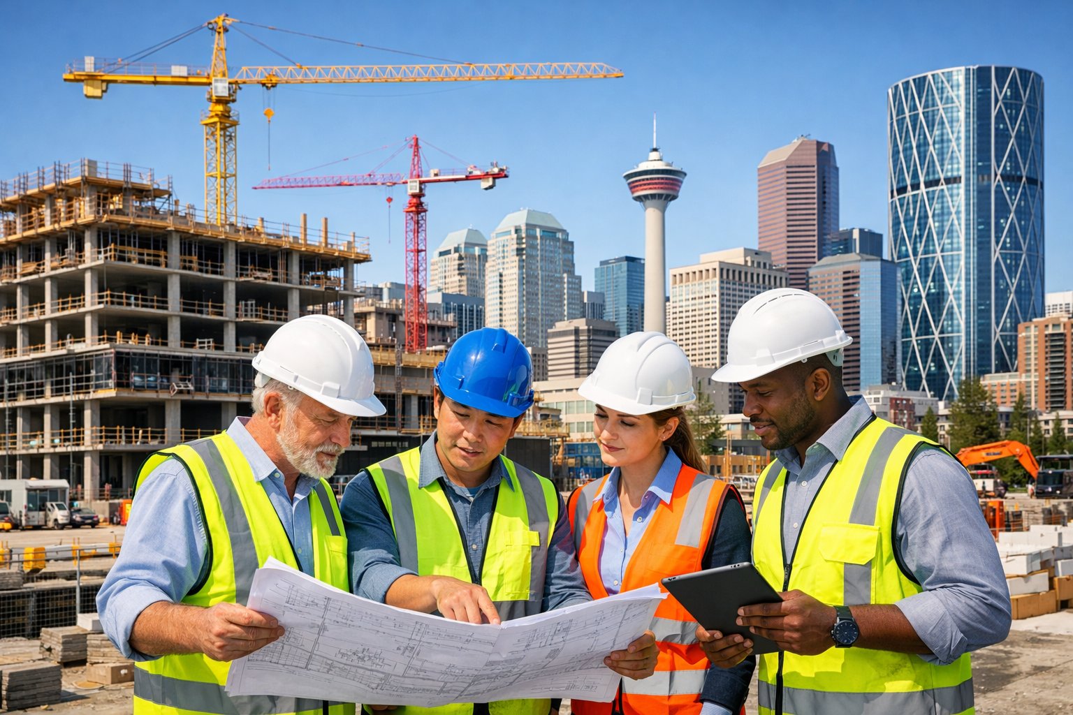 Construction managers reviewing blueprints at a commercial construction site in Calgary with cranes and city skyline in the background.