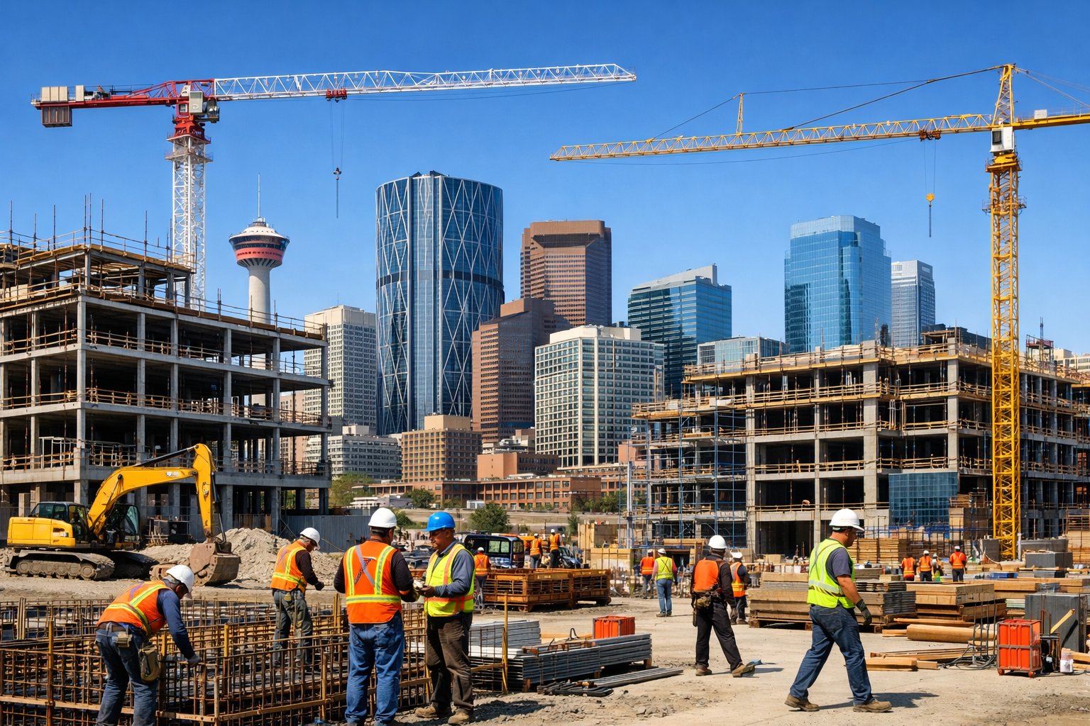 Construction workers and machinery working on a commercial building site with the Calgary skyline in the background.