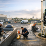 Workers perform roof, building facade, and pavement maintenance at an industrial property