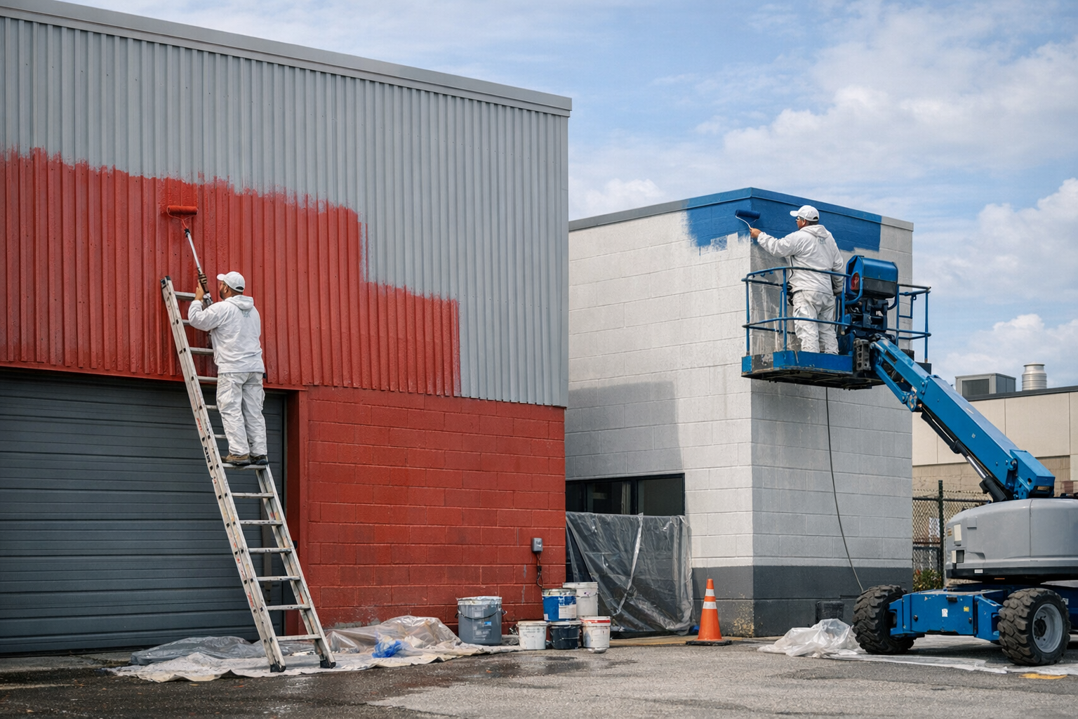 Workers painting industrial building exteriors with a ladder and lift